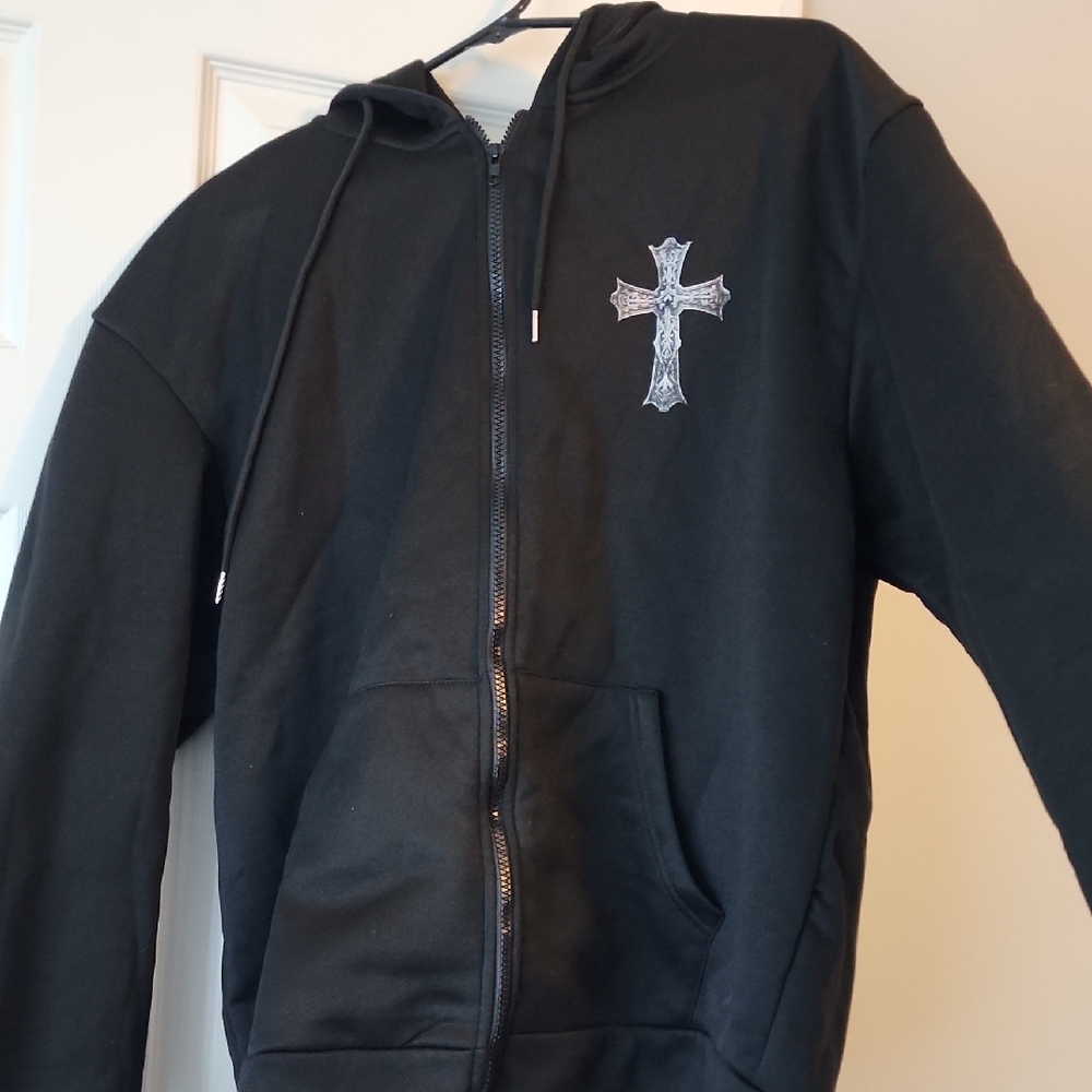 Black Y2K Zip-Up with Cross Design